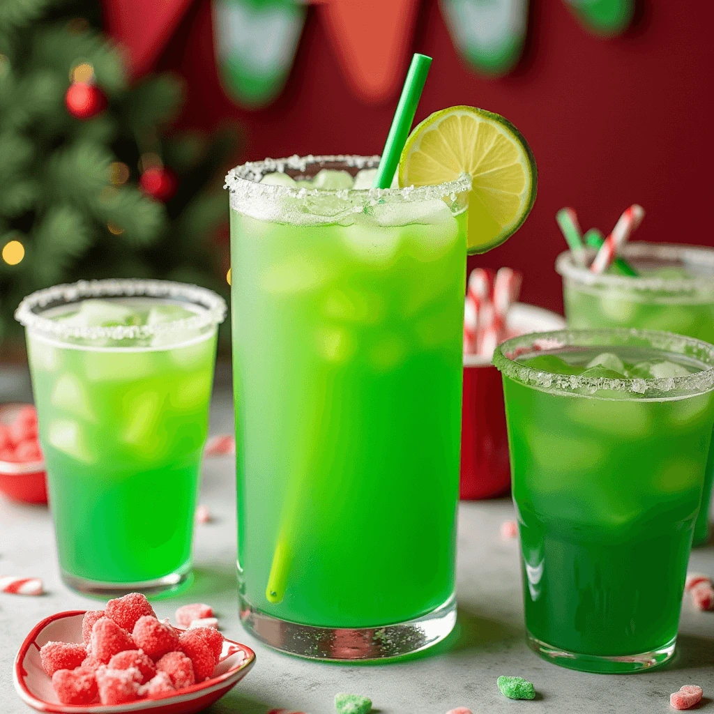 A festive bowl of Grinch Punch with green lime sherbet, Sprite, and green Hawaiian Punch, decorated with gummy hearts and crushed candy canes.