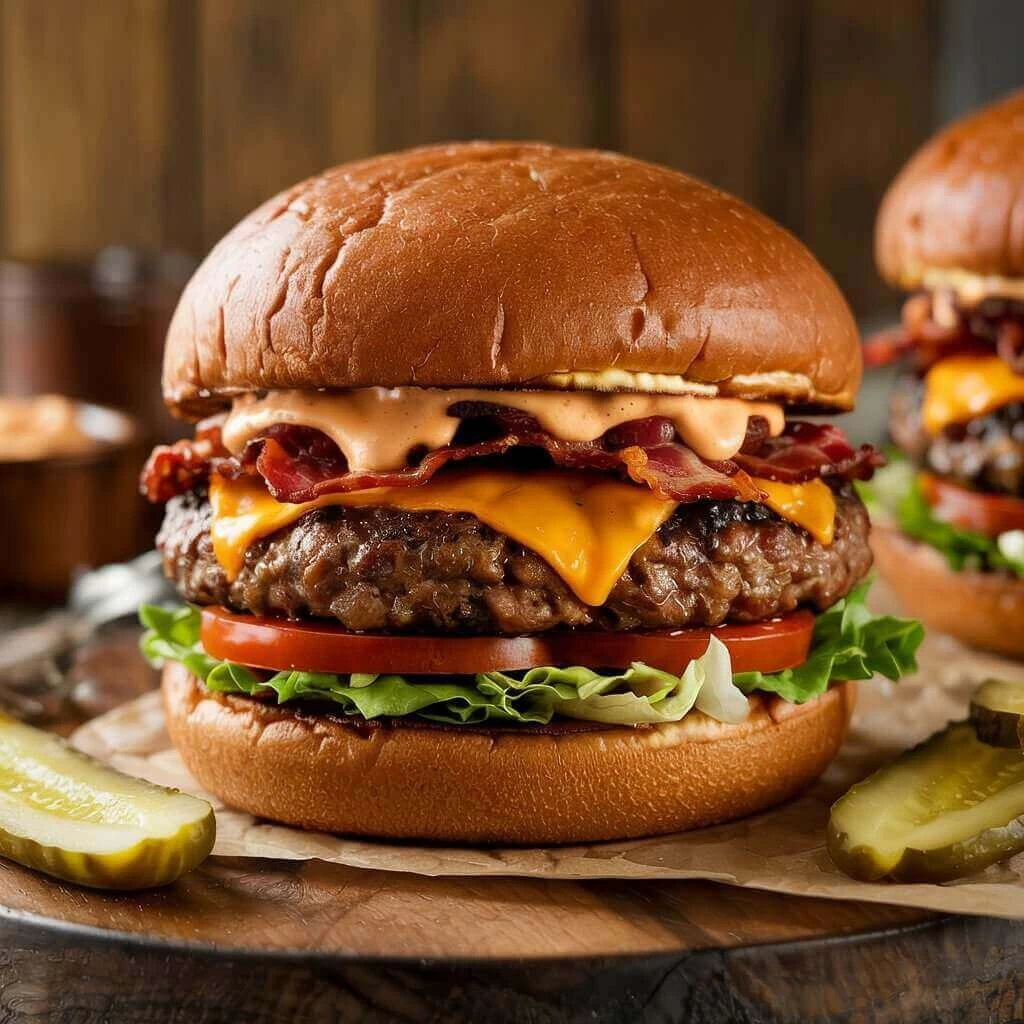 Juicy crack burger with melted cheddar, crispy bacon, and creamy sauce on a brioche bun.