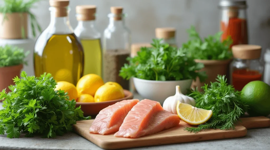 A collection of fresh ingredients including olive oil, herbs, garlic, citrus fruits, and spices for a flavorful rockfish dish.
