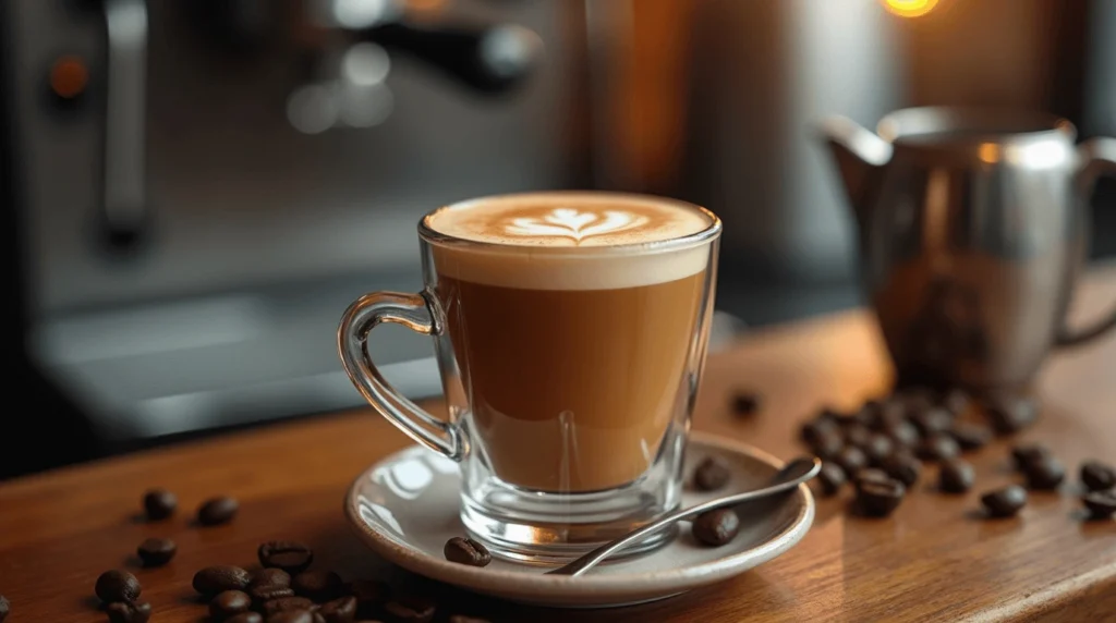 Freshly made cortado in a clear glass cup with a creamy milk layer on top.