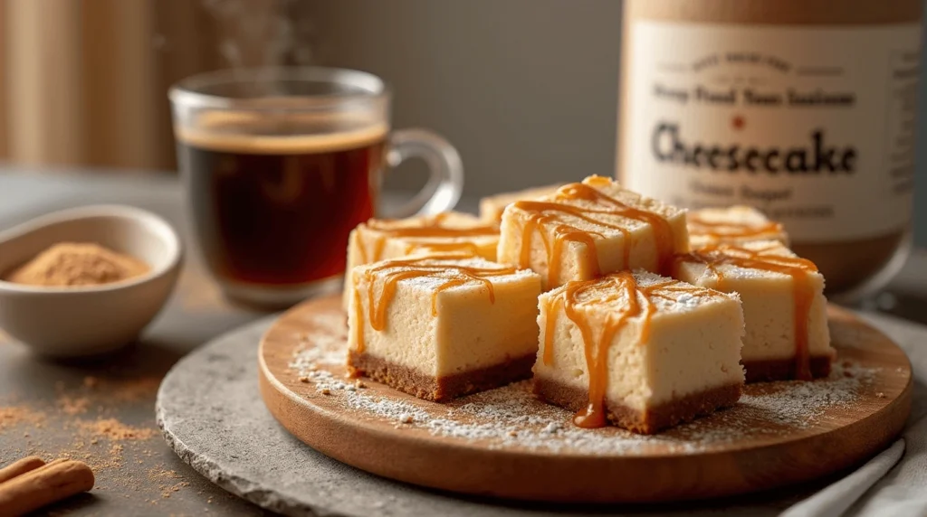 Delicious churro cheesecake squares topped with cinnamon sugar and caramel drizzle on a wooden platter.