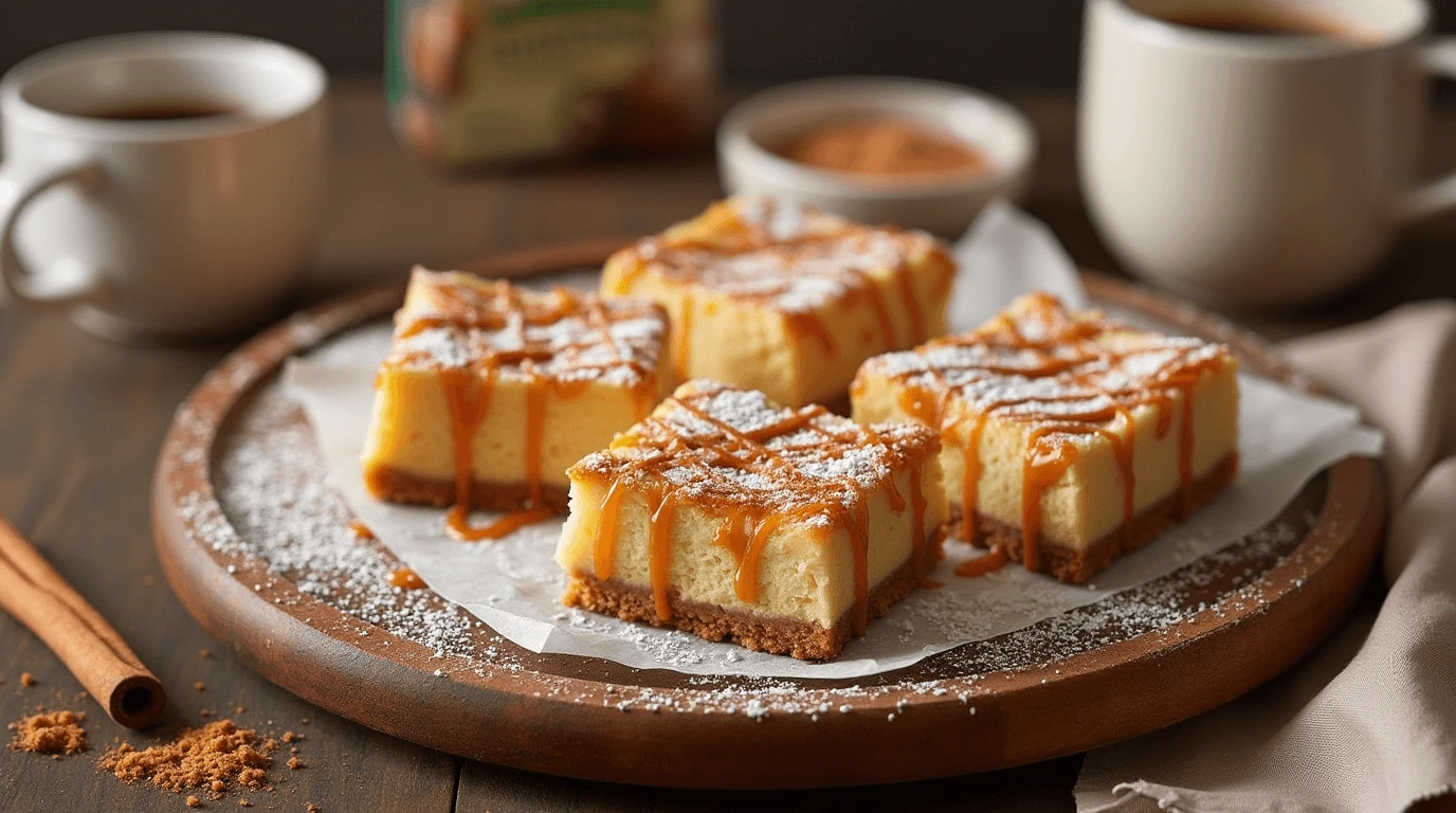 Delicious churro cheesecake squares with a cinnamon sugar topping and creamy filling.