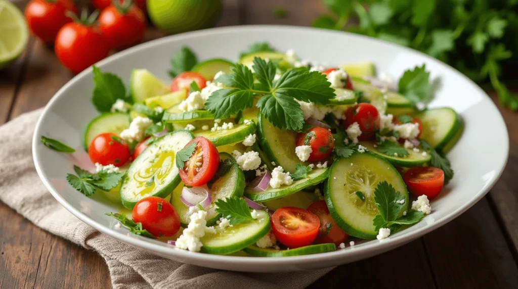 Fresh and vibrant chayote salad with cherry tomatoes, cucumber, red onions, cilantro, and feta, drizzled with a zesty lime dressing
