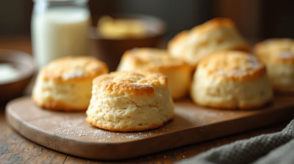 Freshly baked 3-ingredient biscuits arranged neatly on a wooden tray with simple ingredients like flour, butter, and cream in the background