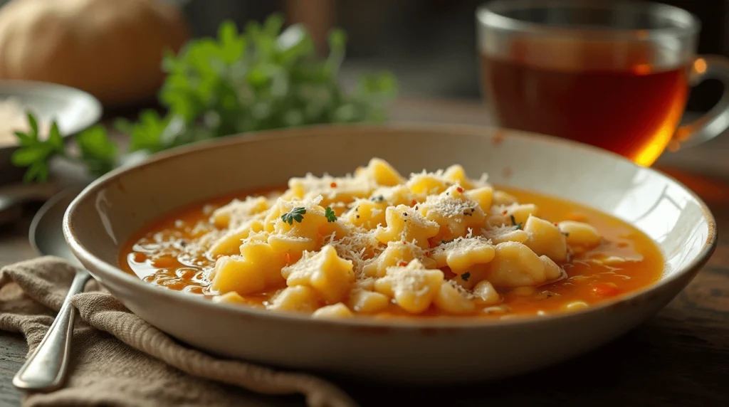 Delicious creamy pastina in a bowl with star-shaped pasta, broth, and Parmesan cheese.