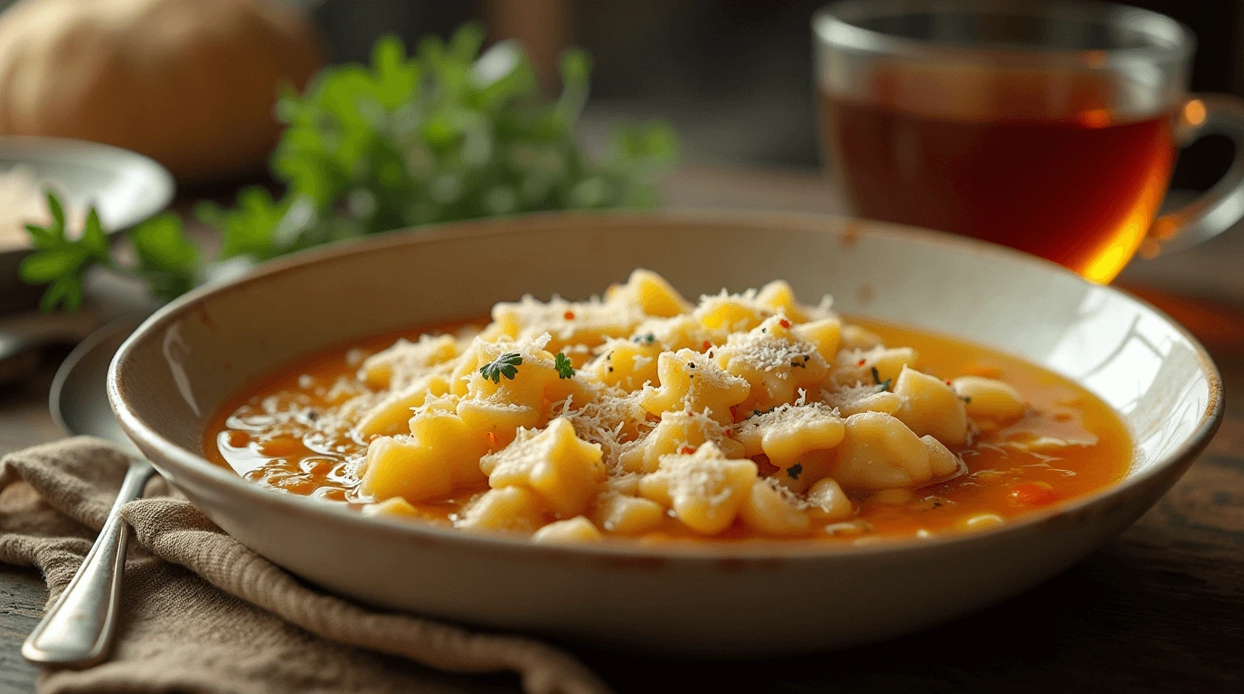 Delicious creamy pastina in a bowl with star-shaped pasta, broth, and Parmesan cheese.