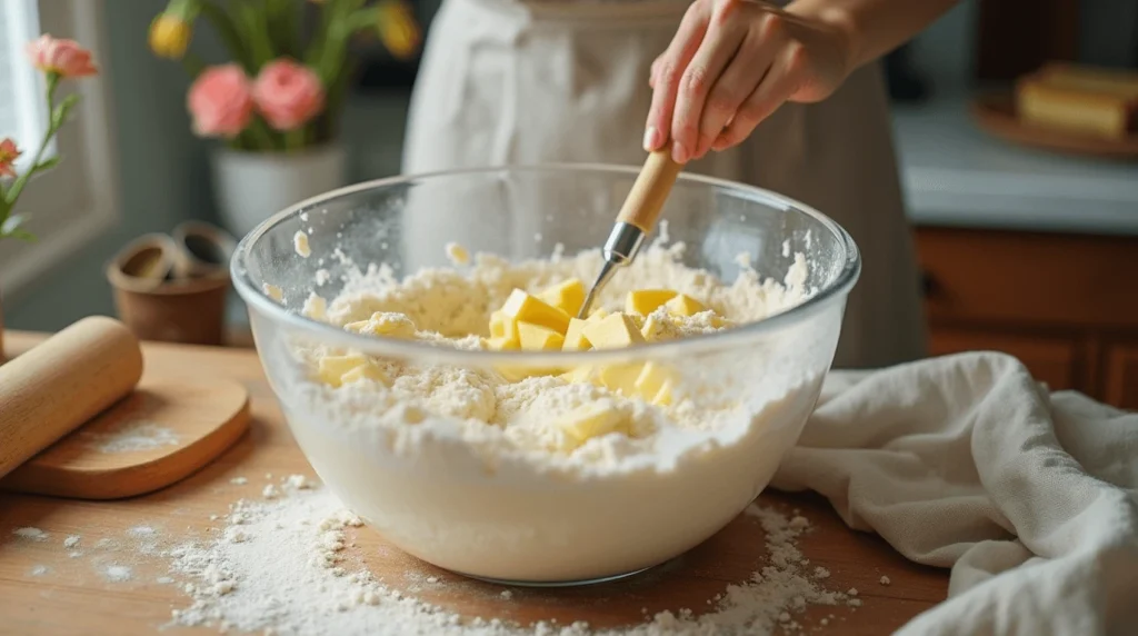 A baker gently mixing biscuit dough with butter and flour in a bowl, adding buttermilk to create the perfect soft and tender dough