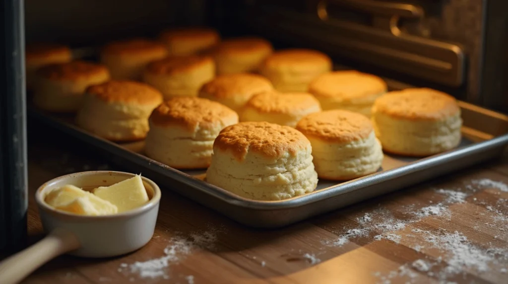 Freshly baked golden-brown biscuits on a baking sheet, ready to be brushed with melted butter, in a cozy kitchen setting.