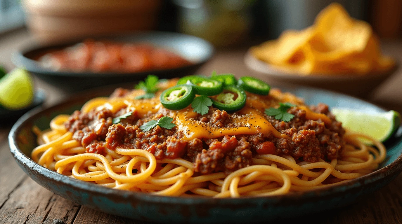 Delicious taco spaghetti topped with cilantro, jalapeños, and cheese served with tortilla chips and lime.