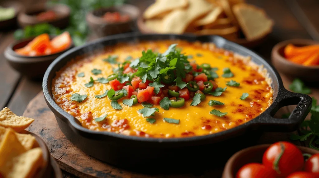 Smoked queso dip with Rotel tomatoes, jalapeños, BBQ seasoning, and melted cheese in a cast iron skillet, surrounded by smoking wood chips and a smoker.
