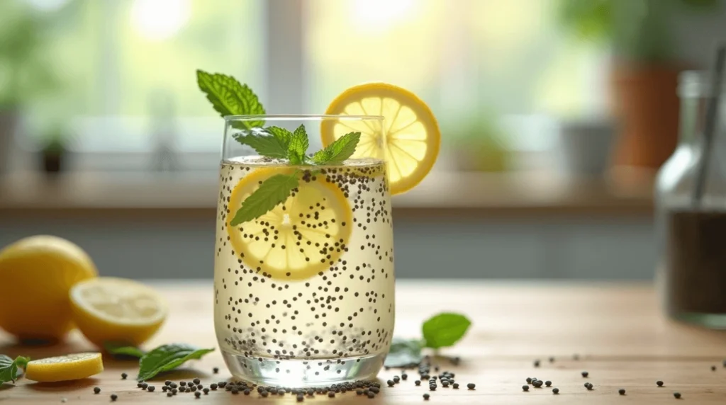 Chia water recipe with chia seeds, lemon slices, and mint leaves in a glass on a wooden table.