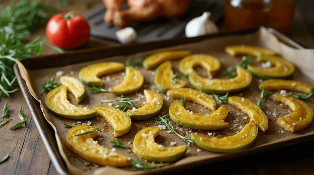 Roasted chayote wedges seasoned with garlic, rosemary, thyme, and Parmesan cheese, served as a flavorful side dish.