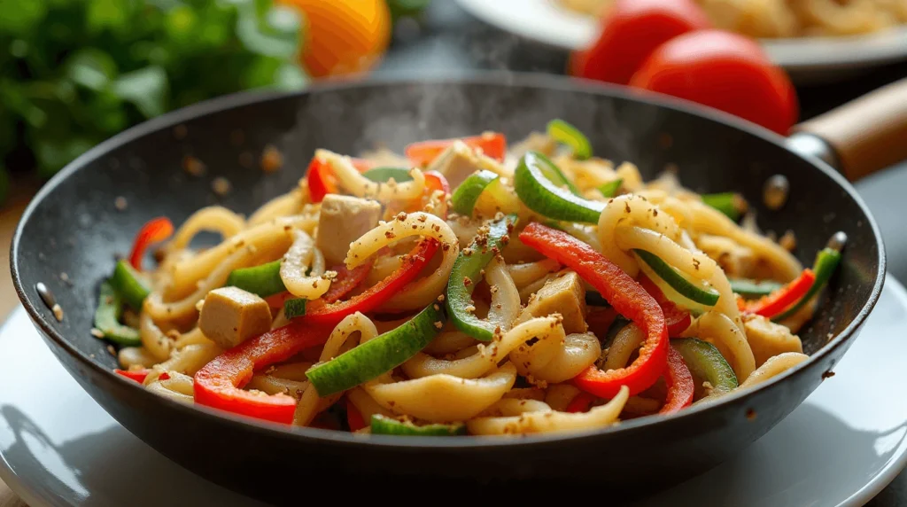 Colorful chayote stir-fry with bell peppers, onions, garlic, chicken or tofu, served with steamed rice, showcasing a vibrant and healthy meal.