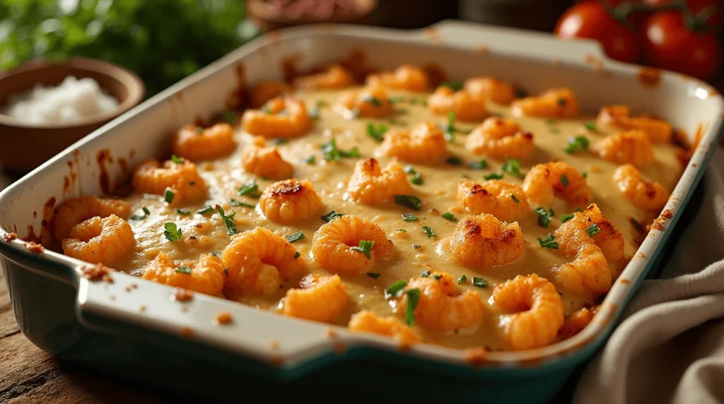 Golden and bubbly chayote and shrimp casserole, layered with sautéed shrimp, creamy sauce, and topped with cheese, ready to serve.