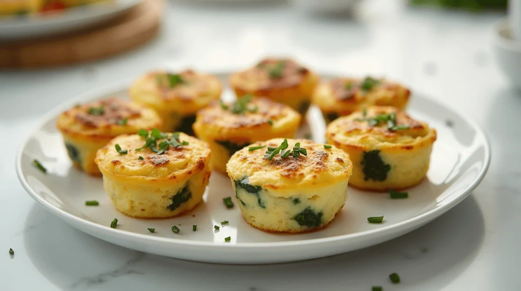 Close-up of freshly baked egg white bites with vegetables and cheese, garnished with herbs.