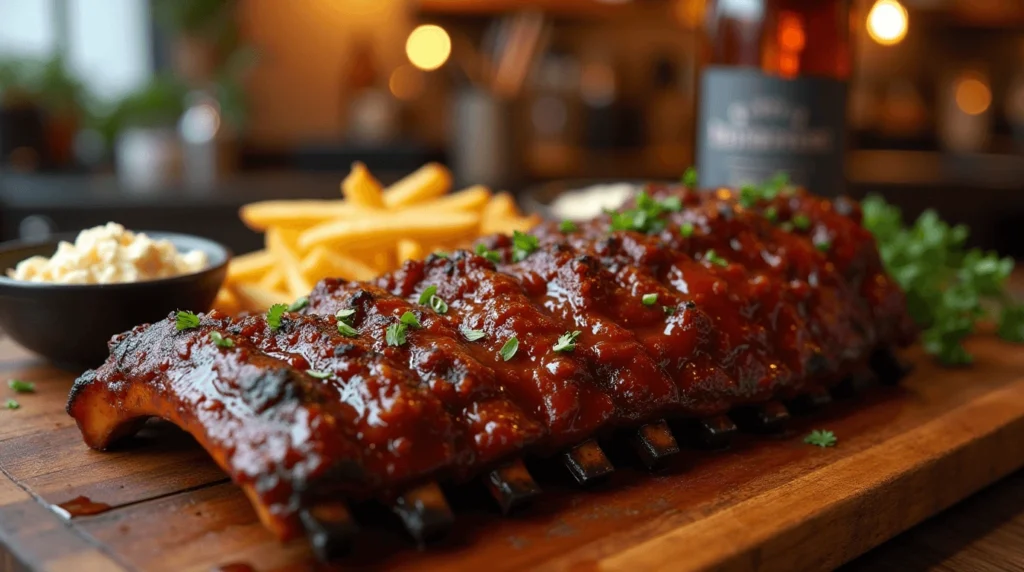 Delicious beef back ribs glazed with BBQ sauce, served with crispy fries and coleslaw.