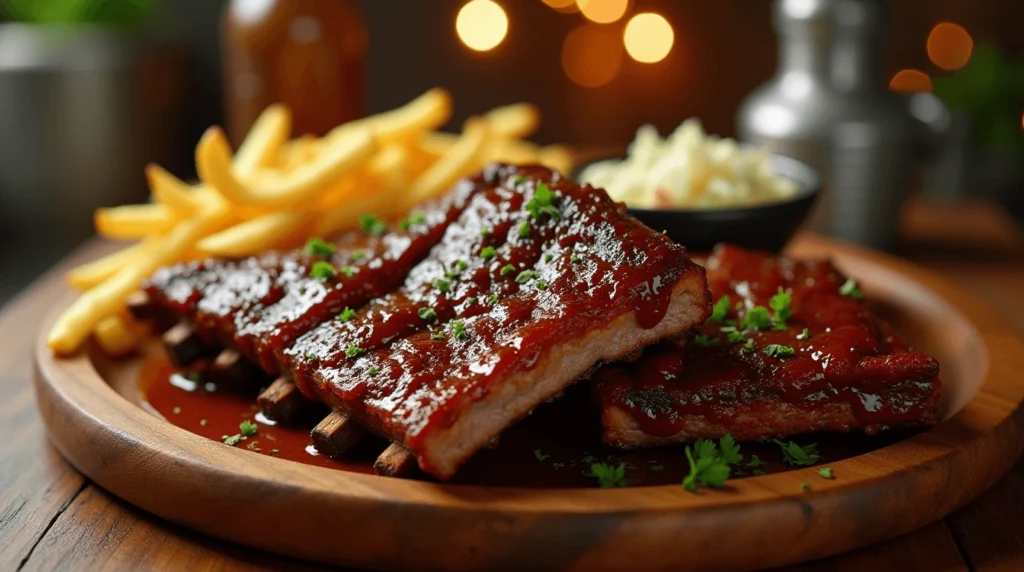 "Delicious beef back ribs glazed with BBQ sauce, served with fries and coleslaw on a rustic wooden platter.