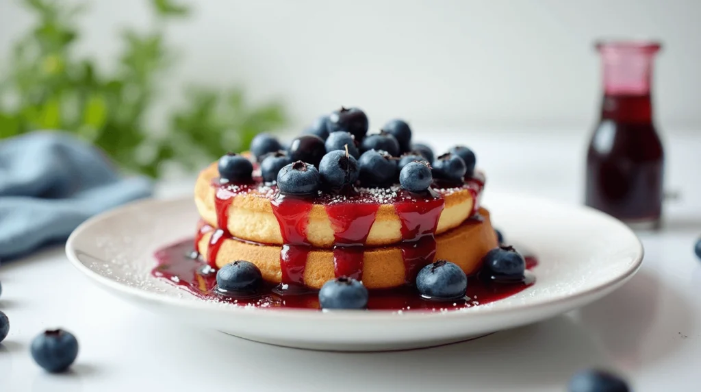 Blueberry syrup drizzled over warm pancakes, waffles, and French toast, with fresh berries and a cup of coffee
