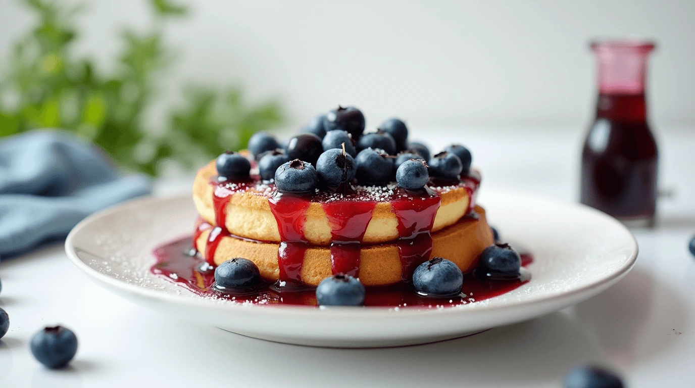 Blueberry syrup drizzled over warm pancakes, waffles, and French toast, with fresh berries and a cup of coffee