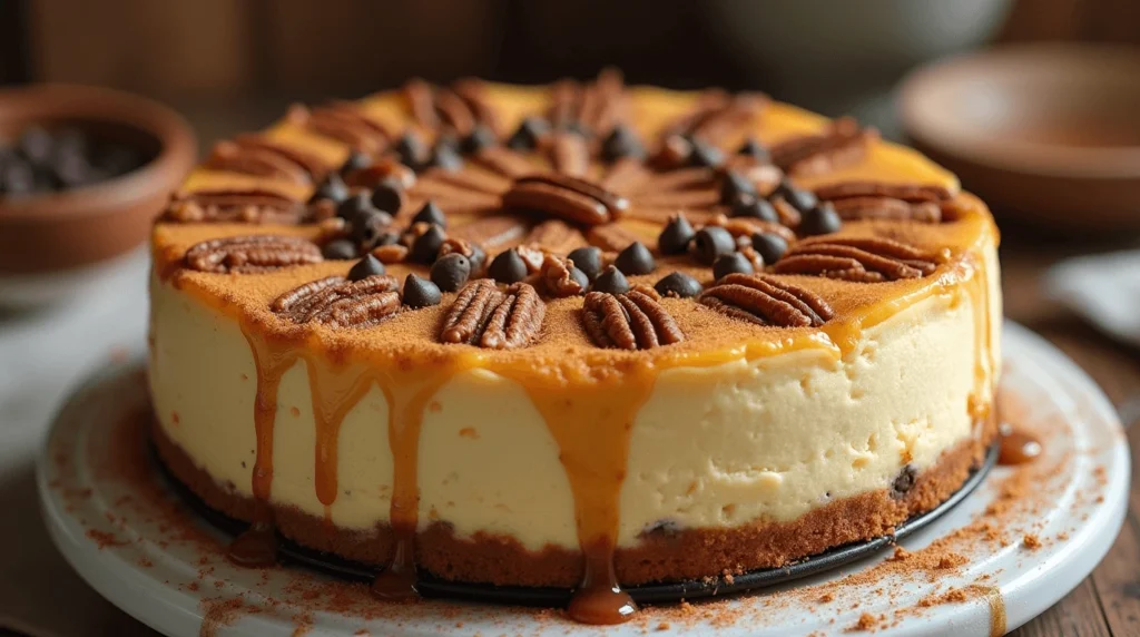 Cinnamon roll cheesecake topped with chocolate chips, chopped pecans, and a sprinkle of nutmeg.