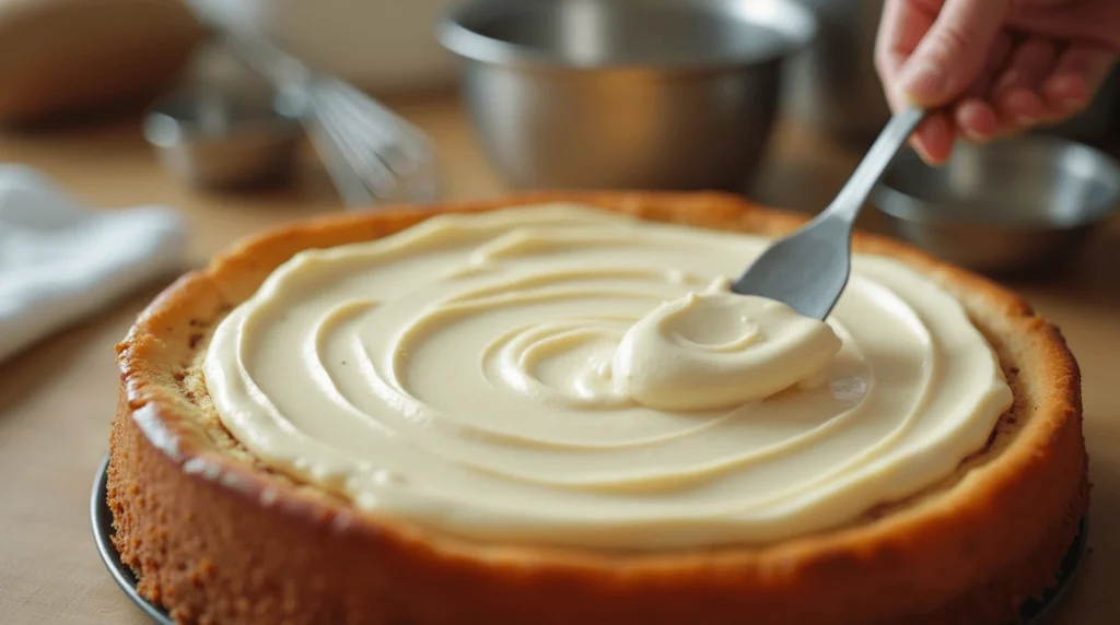 Smooth cream cheese frosting being spread over a cinnamon roll cheesecake.