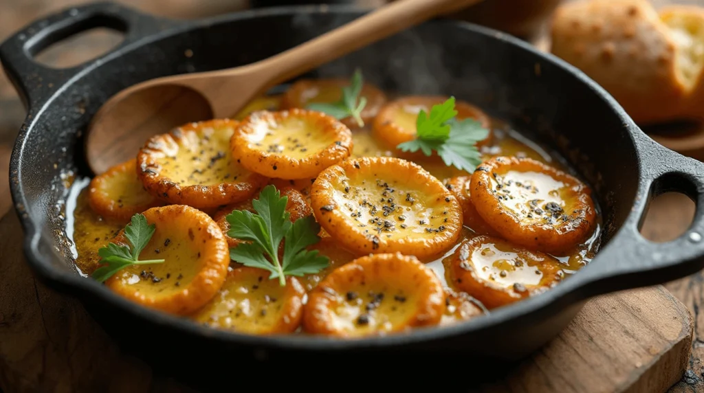 Sautéed Lion's Mane mushrooms with garlic butter in a cast iron skillet, garnished with fresh parsley.