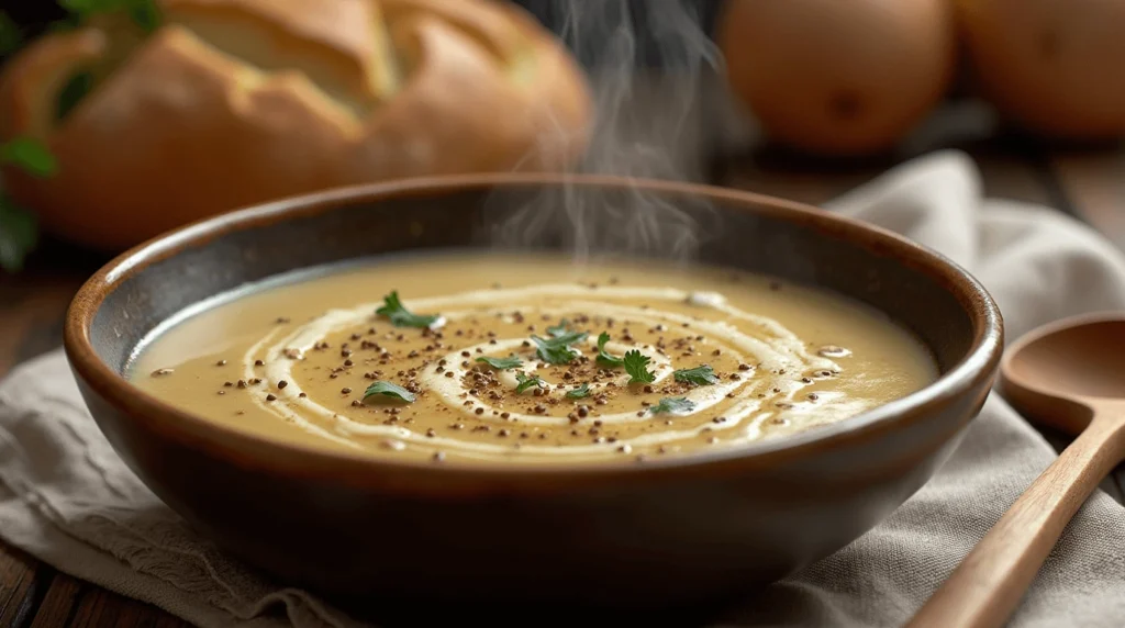 Creamy Lion's Mane mushroom soup served in a rustic bowl, garnished with parsley and cracked pepper.
