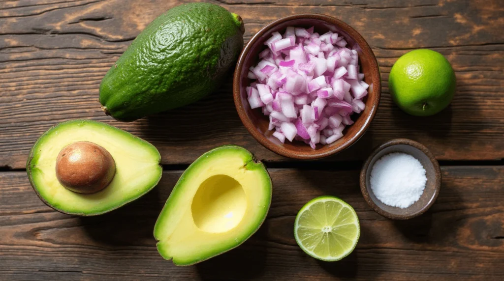 Fresh avocados, lime juice, red onion, and salt arranged for guacamole preparation.