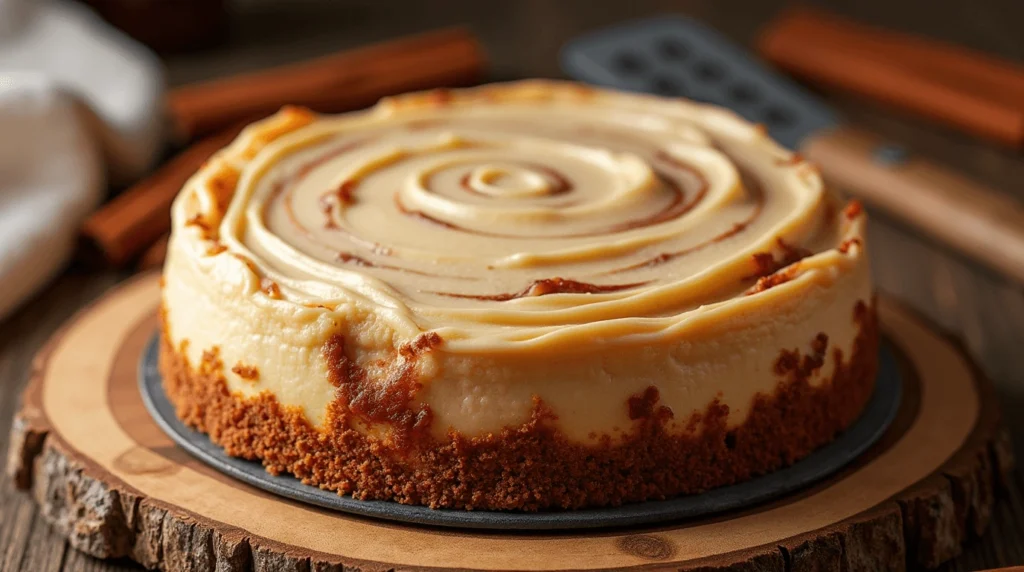 A delicious cinnamon roll cheesecake with a cinnamon swirl, topped with creamy frosting and cinnamon sticks.