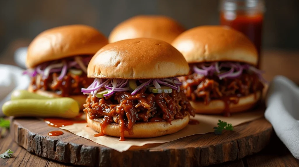 Lion's Mane Mushroom 'Pulled Pork' Sandwiches with BBQ sauce and coleslaw on toasted buns.