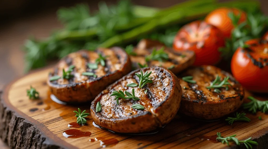 Grilled Lion's Mane steak with herb marinade, garnished with fresh rosemary and thyme
