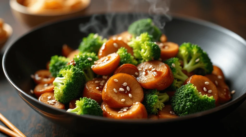 Lion's Mane stir-fry with broccoli and ginger, garnished with sesame seeds and served in a black wok.