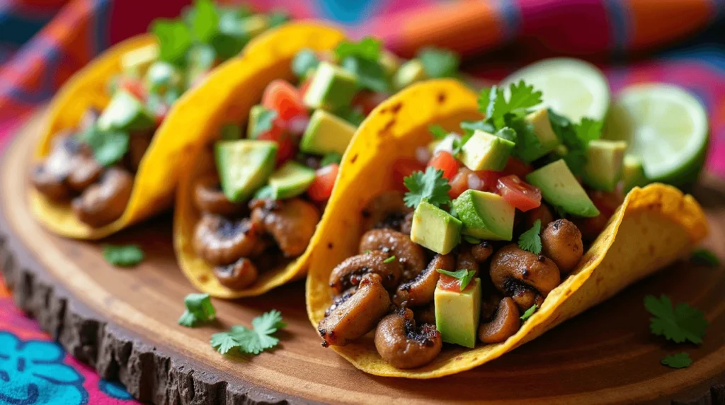 Lion's Mane tacos with avocado salsa, garnished with cilantro and served with lime wedges