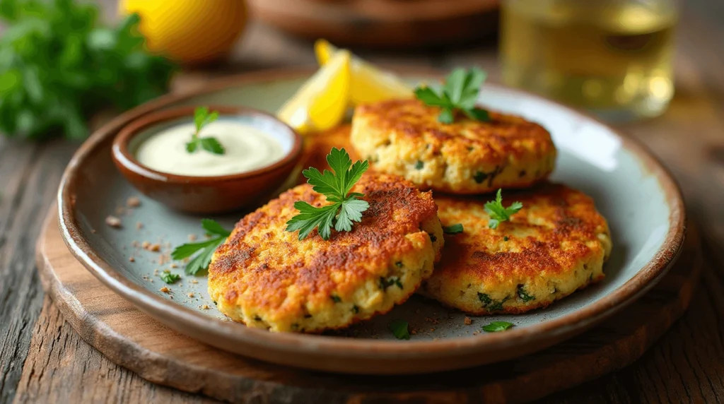 Vegan Lion's Mane 'Crab Cakes' served with lemon wedges, parsley garnish, and dipping sauce.