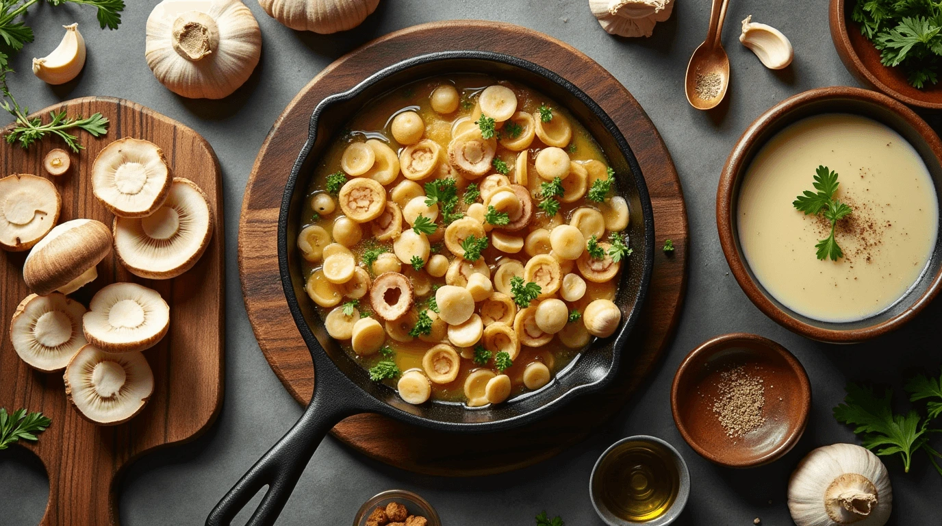 Flat-lay of Lion's Mane mushroom recipes including sautéed mushrooms, creamy soup, and fresh ingredients