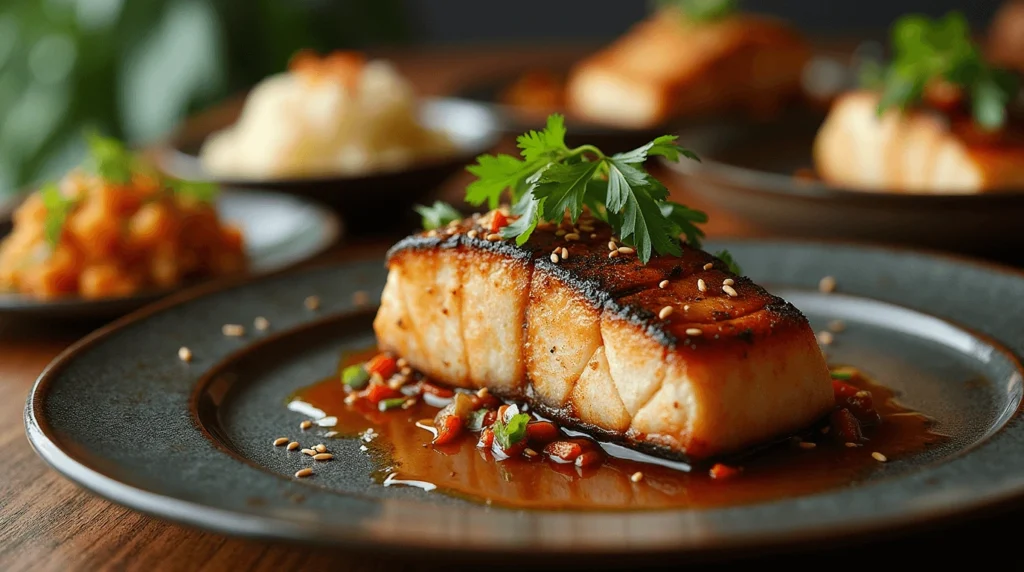 A variety of black cod recipes displayed on a rustic wooden table, including miso-marinated fillets, grilled black cod, and black cod served with vegetables and rice.