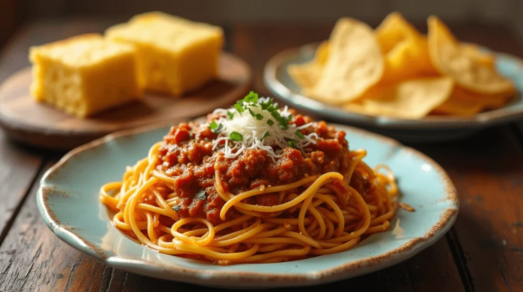 Classic side dishes for taco spaghetti: cornbread, garlic bread, and tortilla chips, perfect for complementing the bold flavors of the dish.