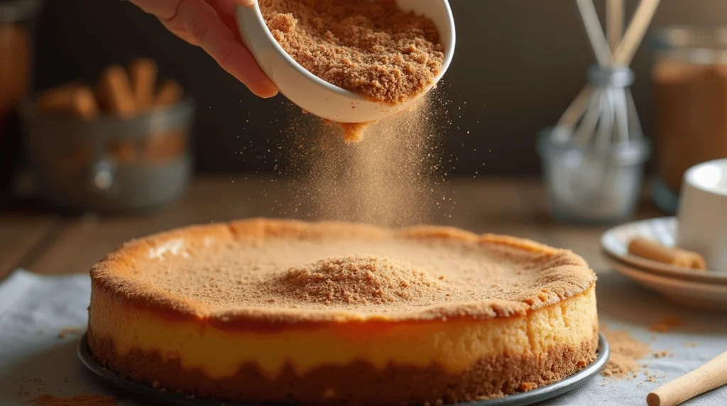 Cinnamon sugar topping being sprinkled over a freshly baked cinnamon roll cheesecake.