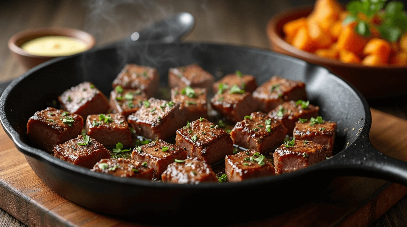 Juicy steak bites cooked to perfection, served on a plate with garnishes.