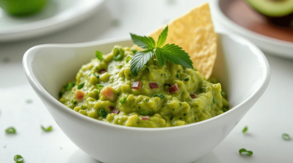 Close-up of a 4-Ingredient Guacamole Recipe in a white dish on a white table.