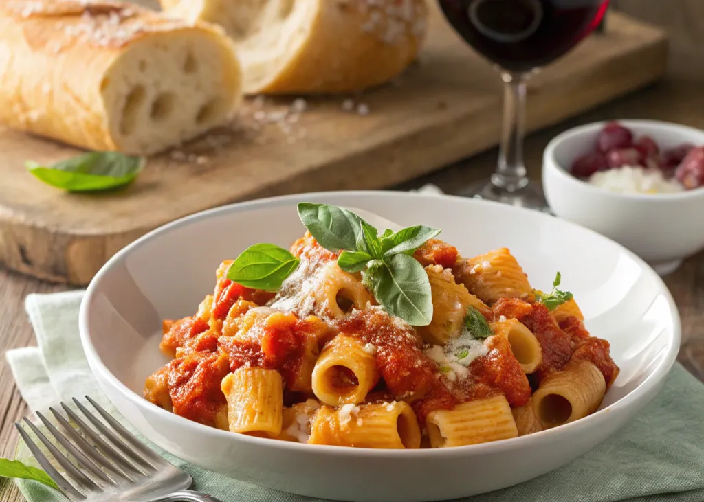A bowl of ditalini pasta in rich tomato sauce, topped with fresh basil and Parmesan cheese, served with garlic bread in a rustic Italian setting.