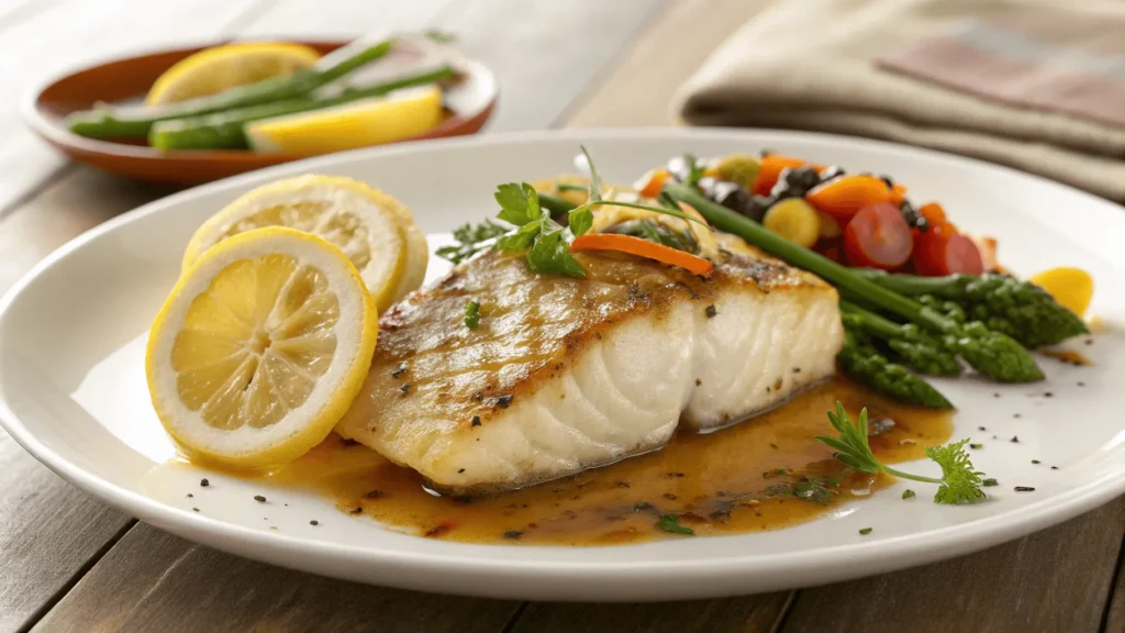 A beautifully plated sablefish fillet cooked in buttery sauce with crispy skin, garnished with fresh herbs, lemon slices, and steamed vegetables.