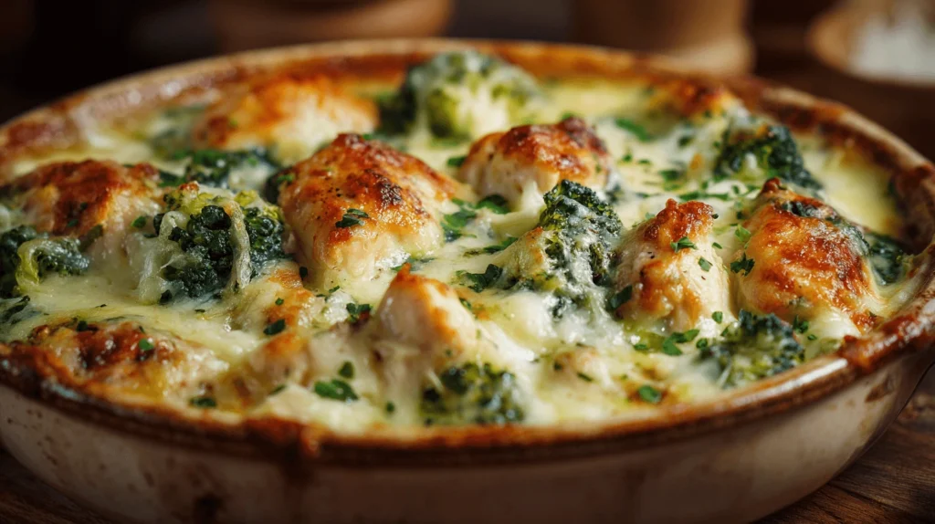 A golden, bubbly low carb chicken casserole with melted cheese, chicken chunks, broccoli, and spinach in a rustic ceramic dish.