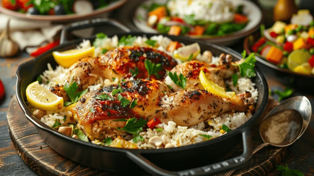 Greek lemon chicken and rice garnished with parsley and lemon wedges, served with Greek salad and roasted vegetables.