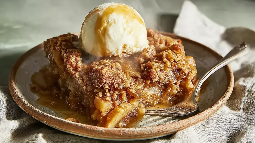 Warm caramel apple dump cake topped with vanilla ice cream and a drizzle of caramel sauce