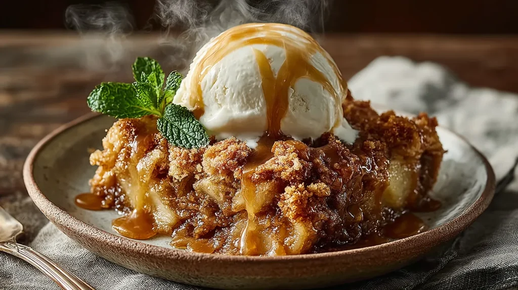 Hot caramel apple dump cake slice served with melting vanilla ice cream