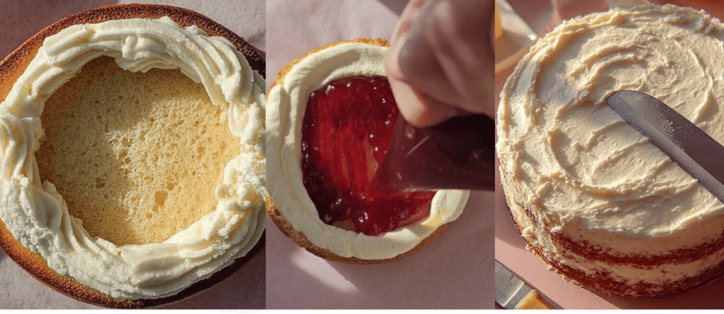 Step-by-step process of filling and frosting a bento cake with buttercream and strawberry jam