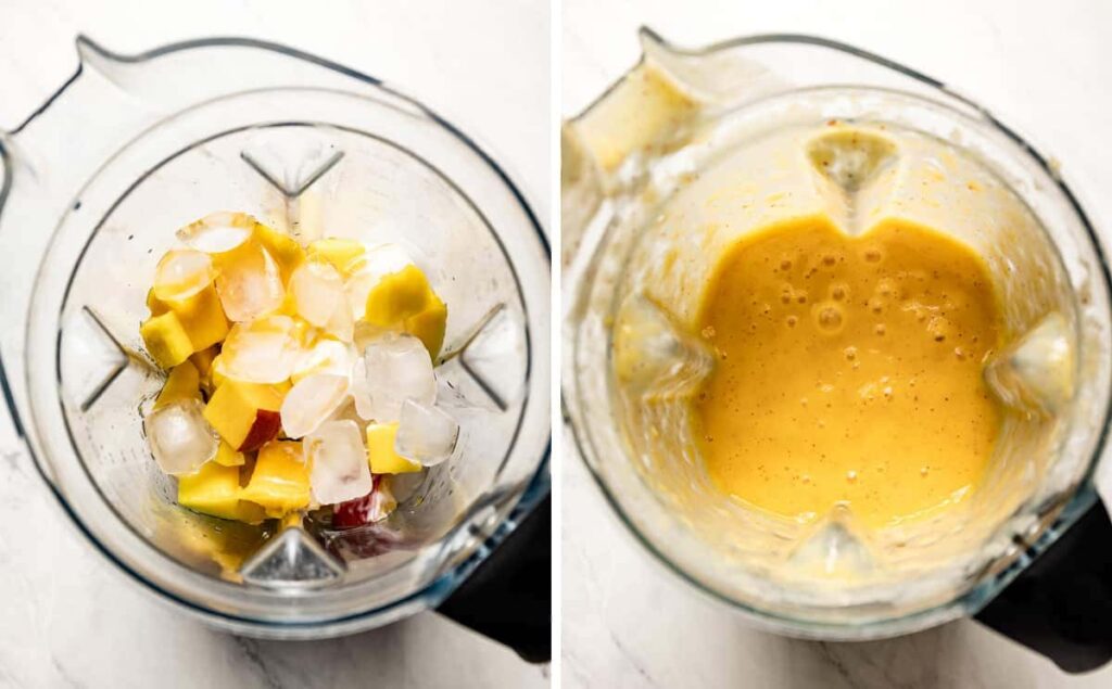 Peach mango smoothie ingredients in a Moulinex blender, including fresh mangoes, peaches, and yogurt, ready to blend for a healthy tropical drink