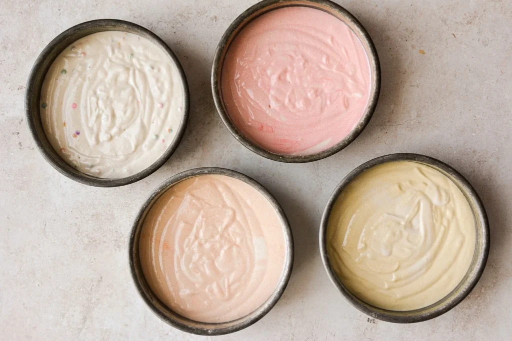 Four pans of pastel-colored cake batter ready for baking