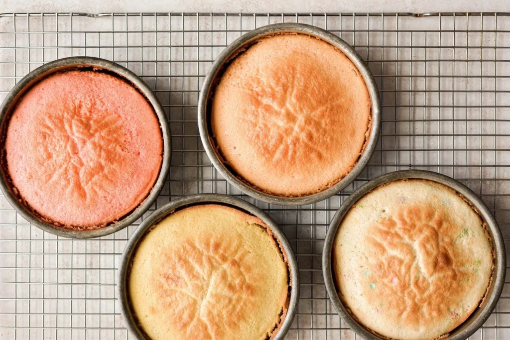 Four pastel-colored cake layers cooling in round baking pans on a wire rack